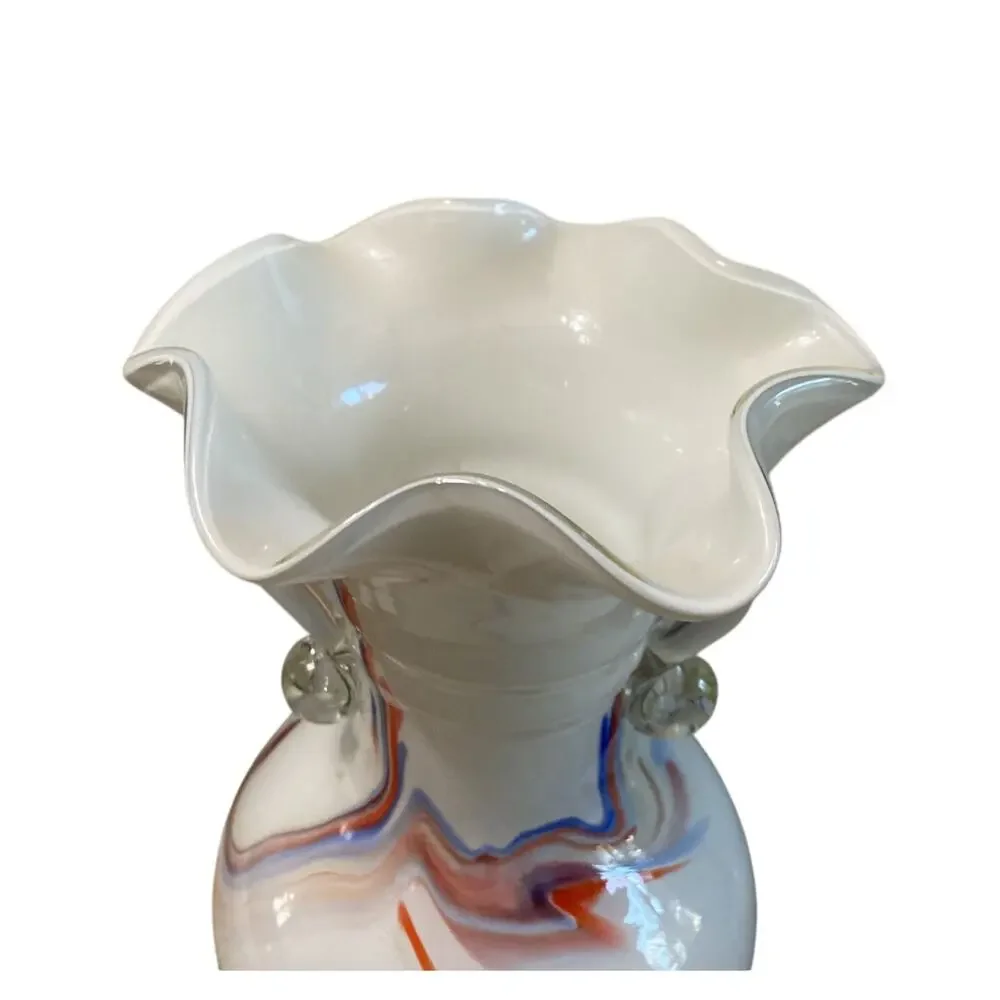 Vintage Dalian Art Glass White Cased Vase Ruffled Edge Double Handle 9.75